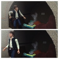 Han pulls his smoking gun from beneath the table. Greedo's dead body smokes and sizzles face down in the booth. HAN SHOT FIRST. He gets up and leaves the body behind. #starwars #anhwt #toyshelf